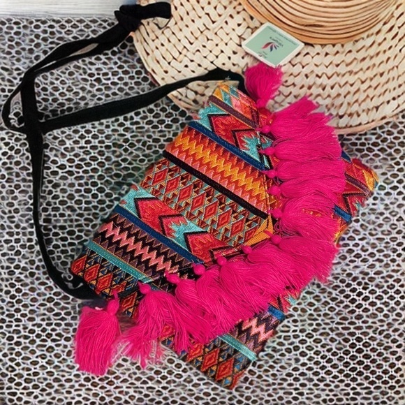 Ethnic Boho Crossbody Bag Handmade Embroidery Tassels Chic Vibrant Colorful NEW - Picture 3 of 16